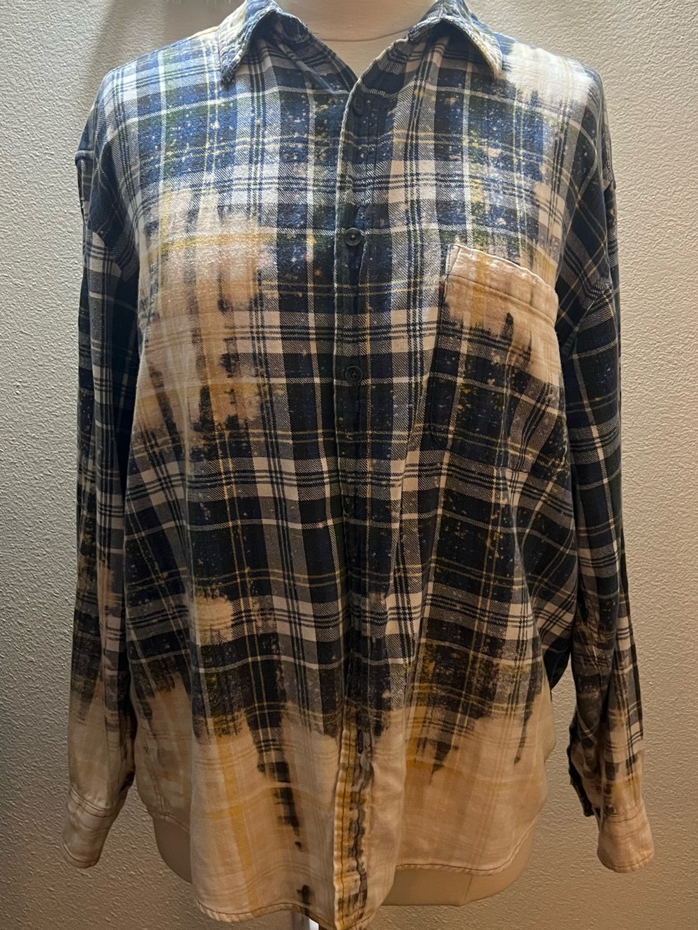 Upcycled Bleach-Effect Navy Plaid Button-Down Shirt